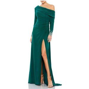 Mac Duggal Green Side Slit Jeweled Cuffs Off the Shoulder Lined Evening Gown